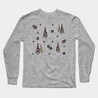 Wintery Pinecone, Snowy Tree and Stars Pattern Digital Illustration Long Sleeve T-Shirt